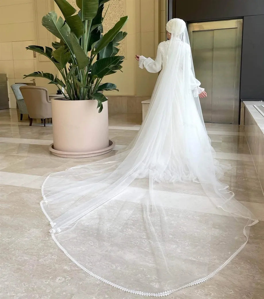 Muslimisches Hochzeitskleid für Braut Spitze A-Linie Arabisch Dubai Langarmes Hijab Islamische Hochzeitskleid Schleier Robe de Mariage