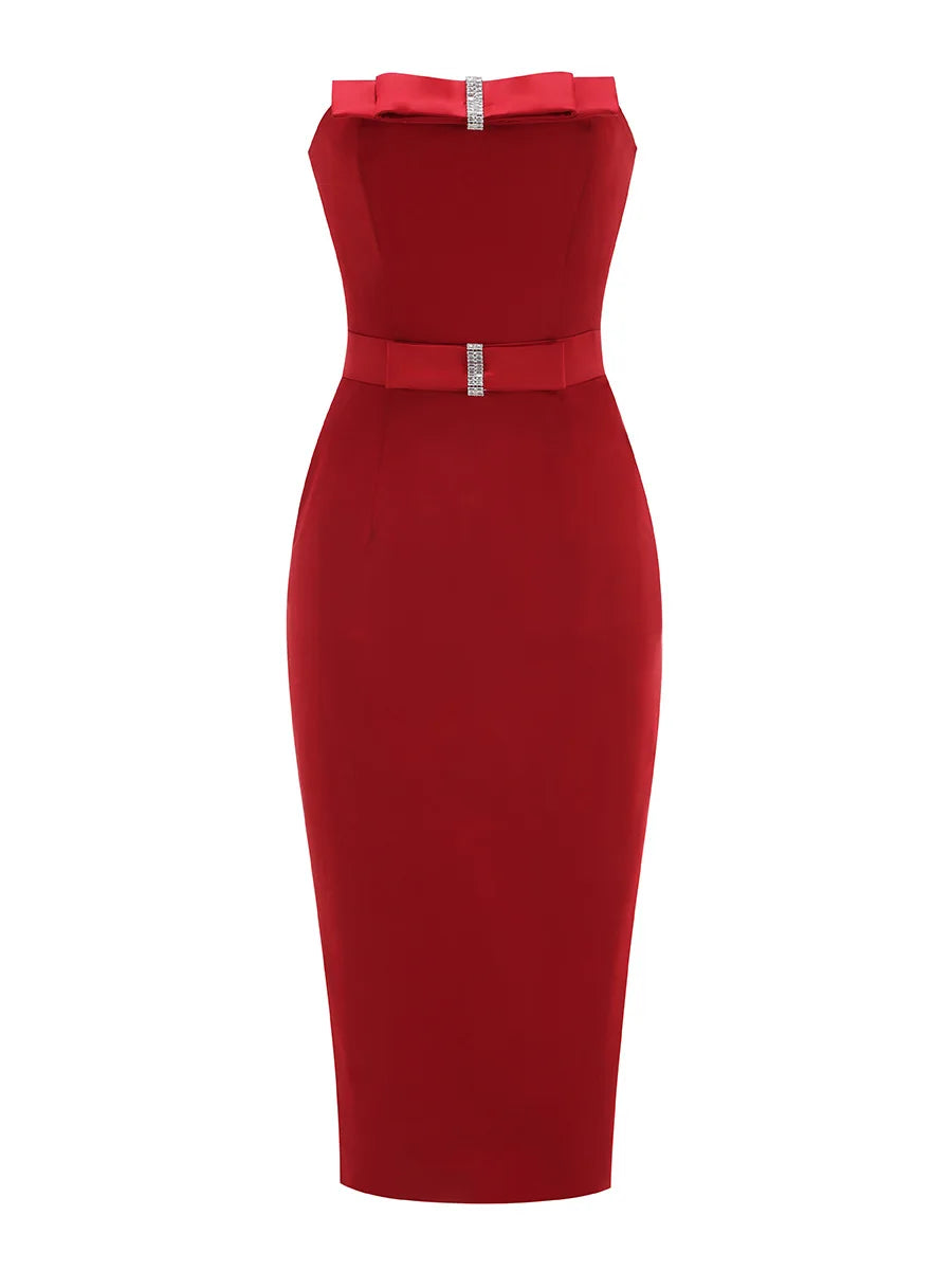 New Arrival Women Sexy Strapless Bow Bodycon Mid-calf Dress Celebrate Birthday Party Date Cocktail Outfit High Quality