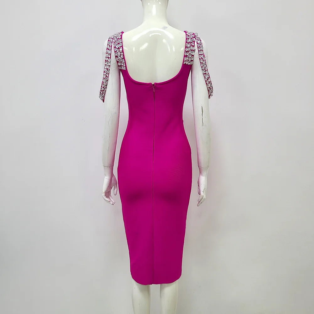 2023 New Summer Women's High Quality Sexy Sleeveless Diamond Tight Midi Bandage Dress Elegant Celebrity Party Dress