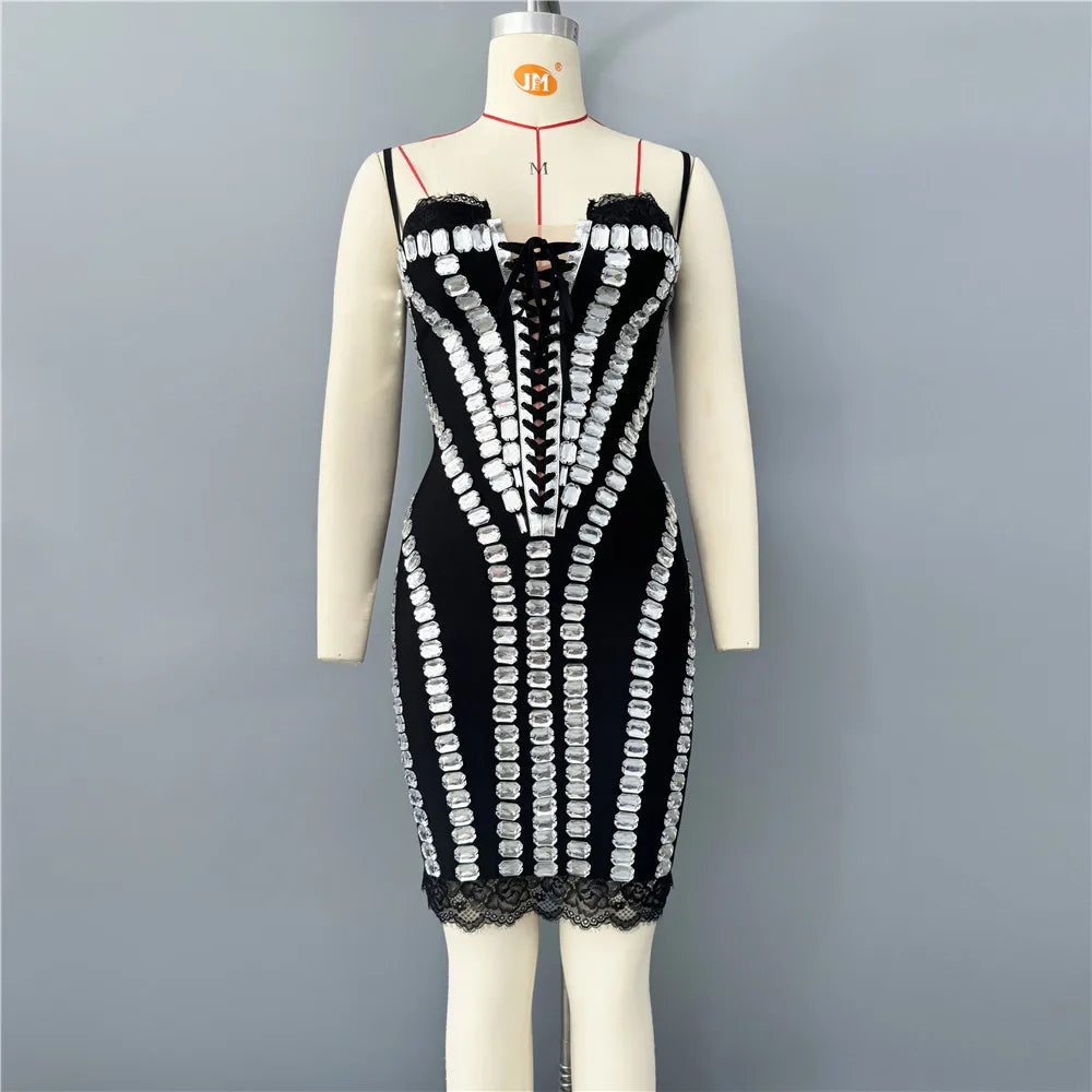 High Quality Women Sleeveless Sexy Strap Shinning Crystal Bodycon Mini Bandage Dress Lace Celebrate Nightclub Party Outfit