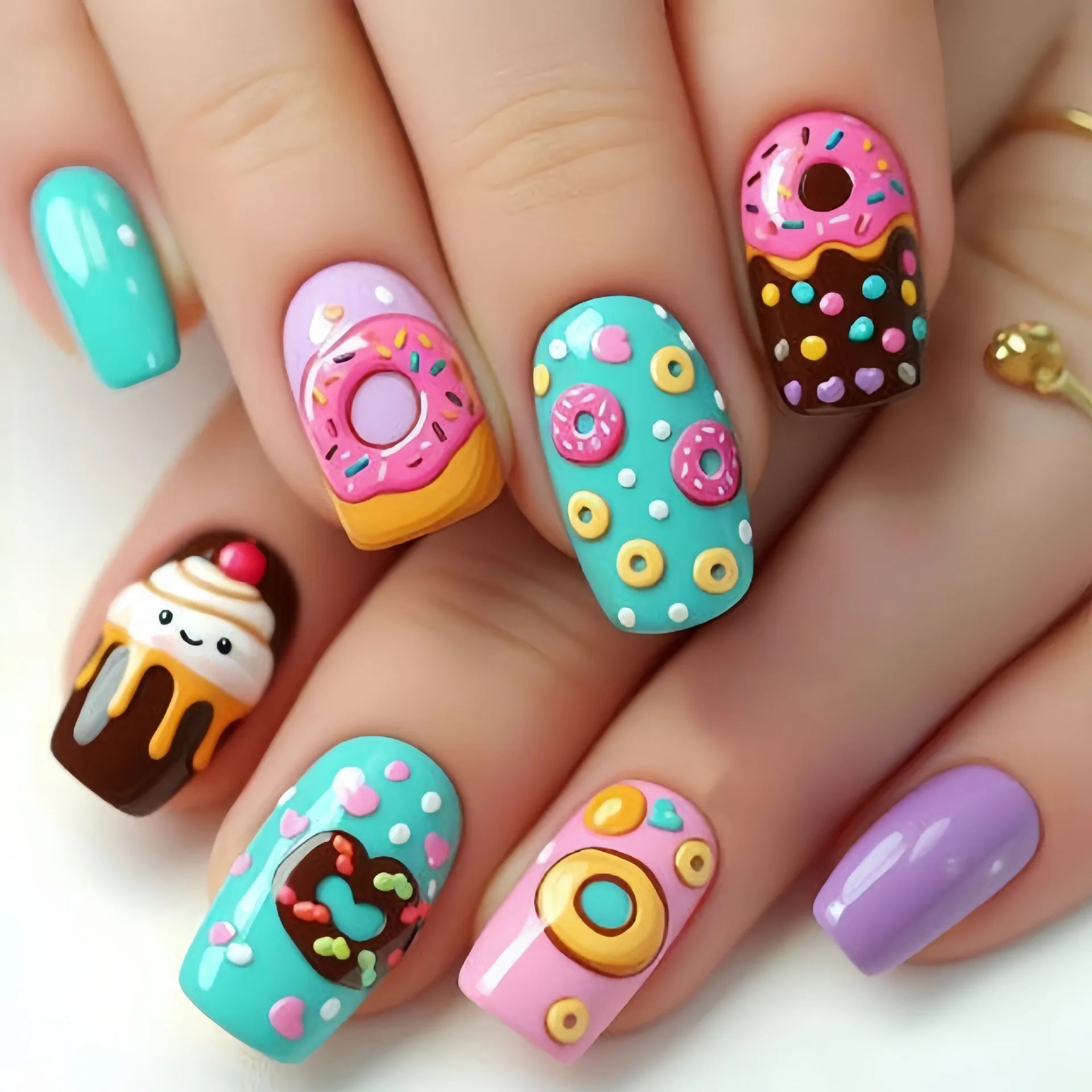 24Pcs Pink Sweet Press on Nails Square Head Colorful Cute Wearing Nail Art with Candy Dessert Design Removable Fishion Manicure