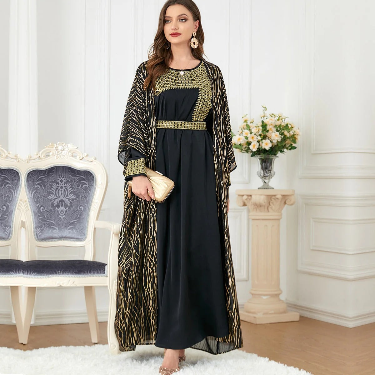 Elegant Casual Women's Dresses Abayas For Women Luxury 2 Piece Muslim Sets Embroidery Belted Kaftan Islamic Dresses Ramadan