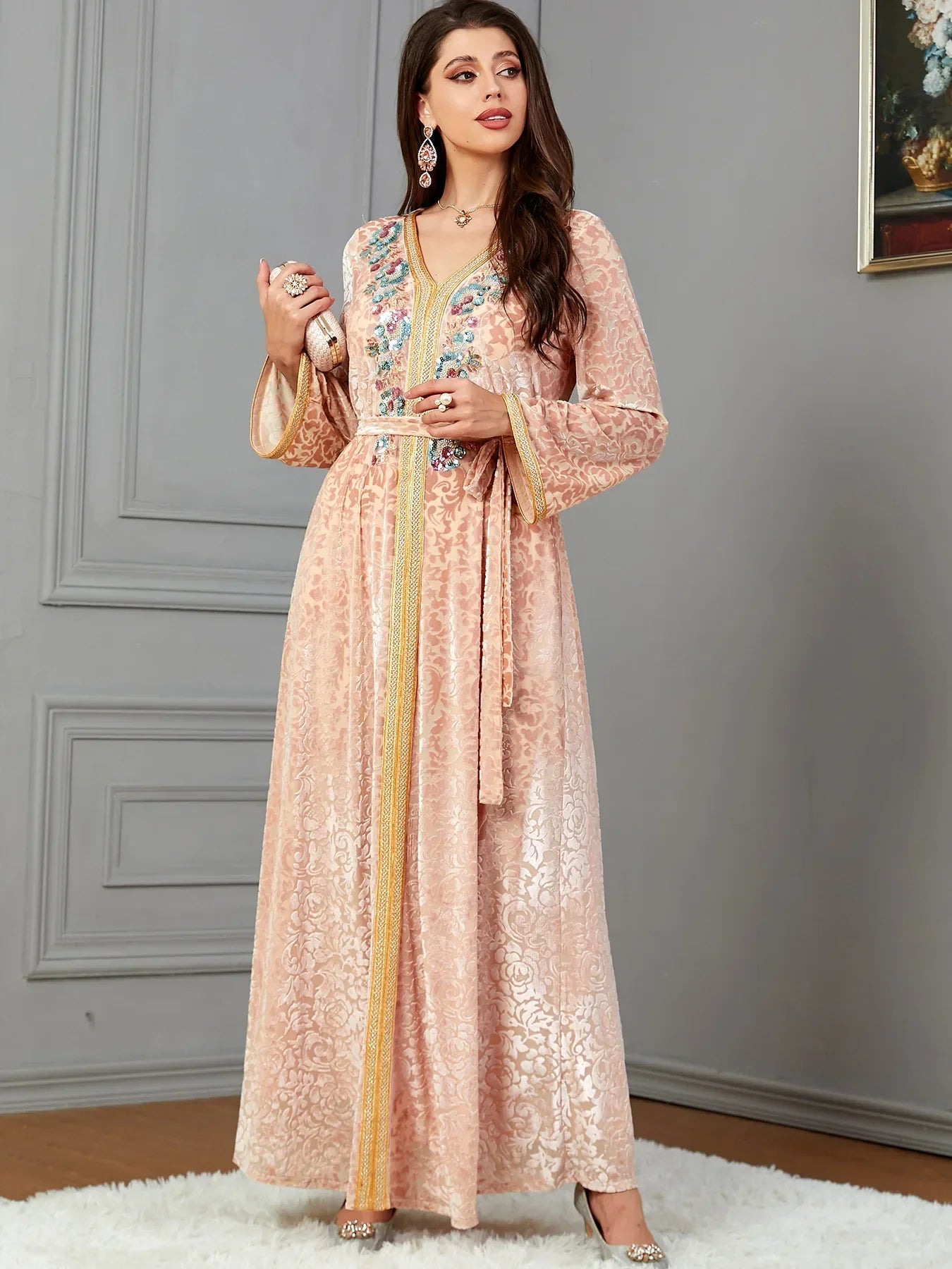 Robe de soirée en velours avec ceinture pour femmes, Jalabiyat, Caftan marocain, tenue musulmane saoudienne, automne hiver, dubaï