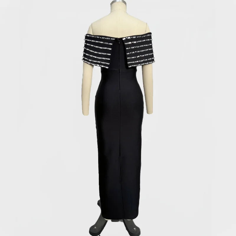 2025 New Black Women Sexy Slash Meck Off the Shoulder Shinning Crystal Bodycon Long Bandage Dress Elegant Evening Party Dress