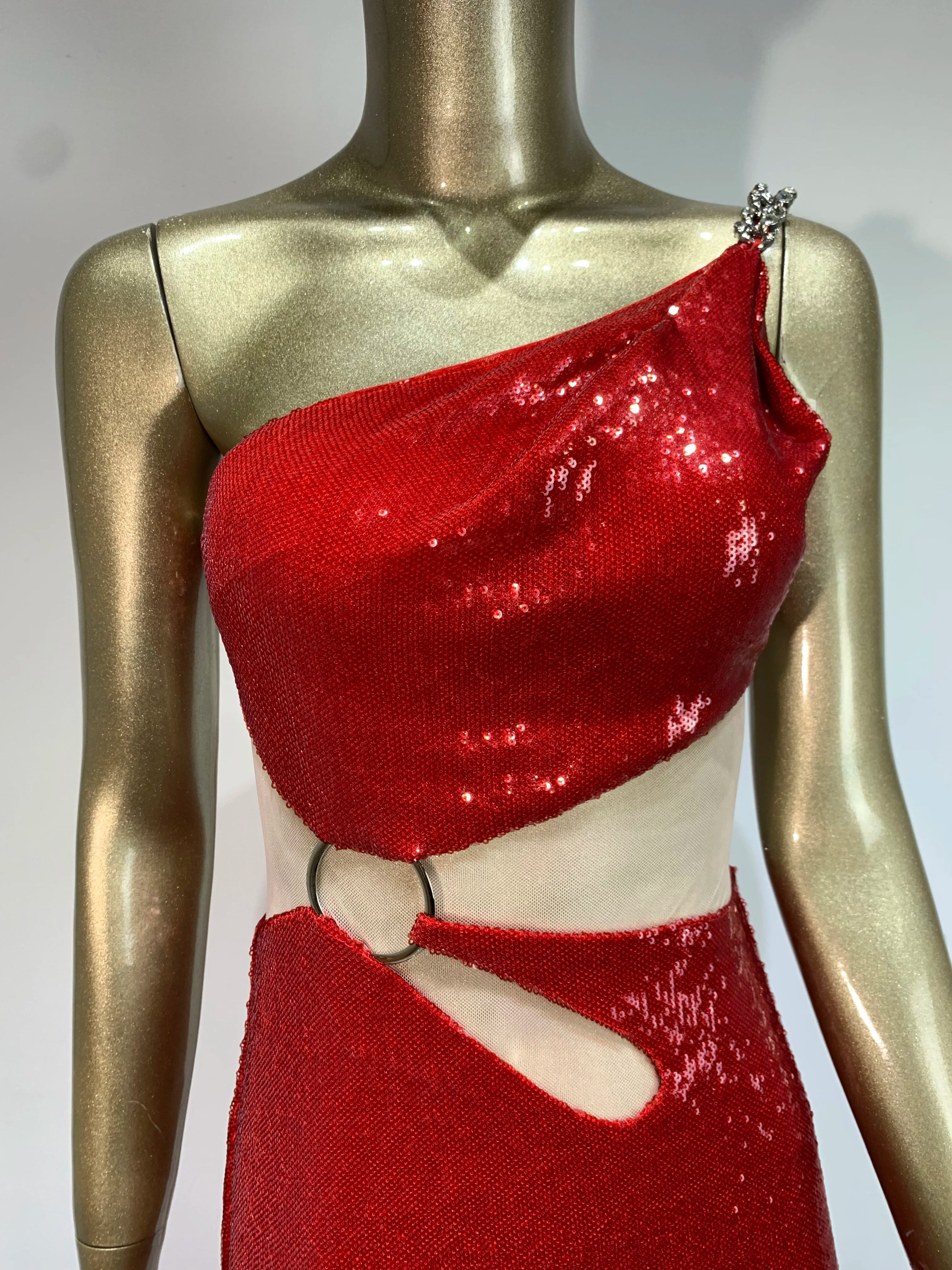 Sexy One Shoulder Cut Out Red Mesh Sequins Red Maxi Long Women Celebrity Dress Elegant Party Evening Club Vestido