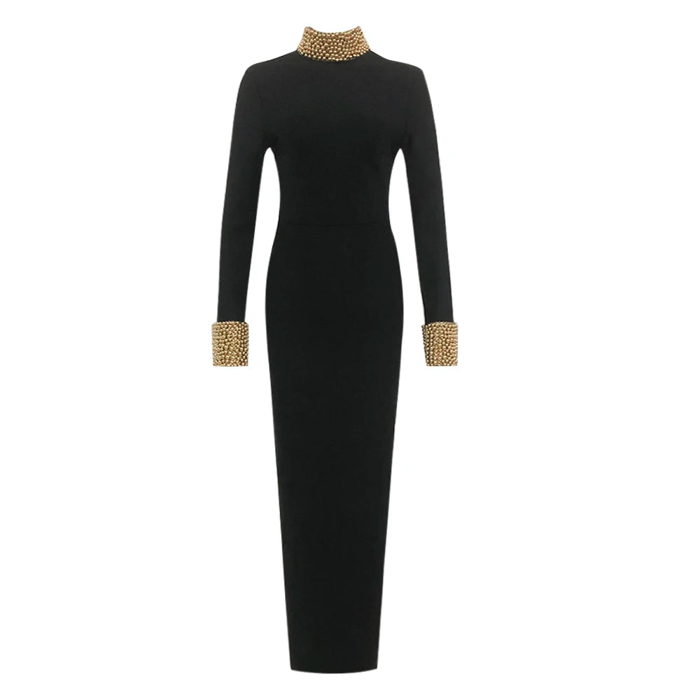 Black Color Women Long Sleeve Sexy Backless Golden Beading Bodycon Bandage Long Dress Fashion Celebrate Evening Party Dress