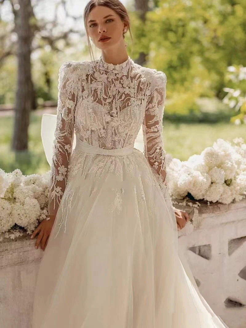 Robe De mariée style bohémien, Vintage, en Tulle, avec des Appliques en dentelle, manches longues, col haut, ligne a