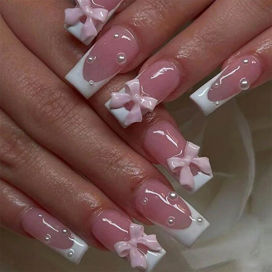 Black French Tips Press on Nails 3D White Bowknot Alloy Stars Designs Fake Nails Ballet Charms False Nails Korean Manicure 24Pcs