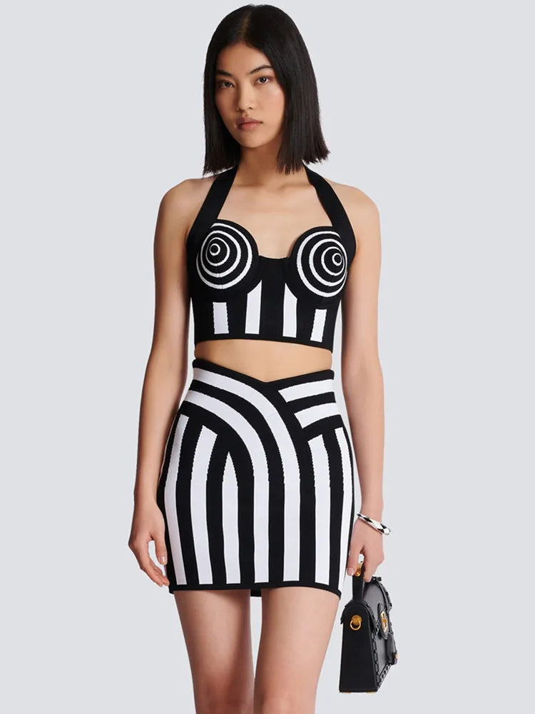 Women Summer Celebrity Sexy Backless Halter Striped Mini Bandage Skirt Set Knitted Elegant Evening Club Party Clothing