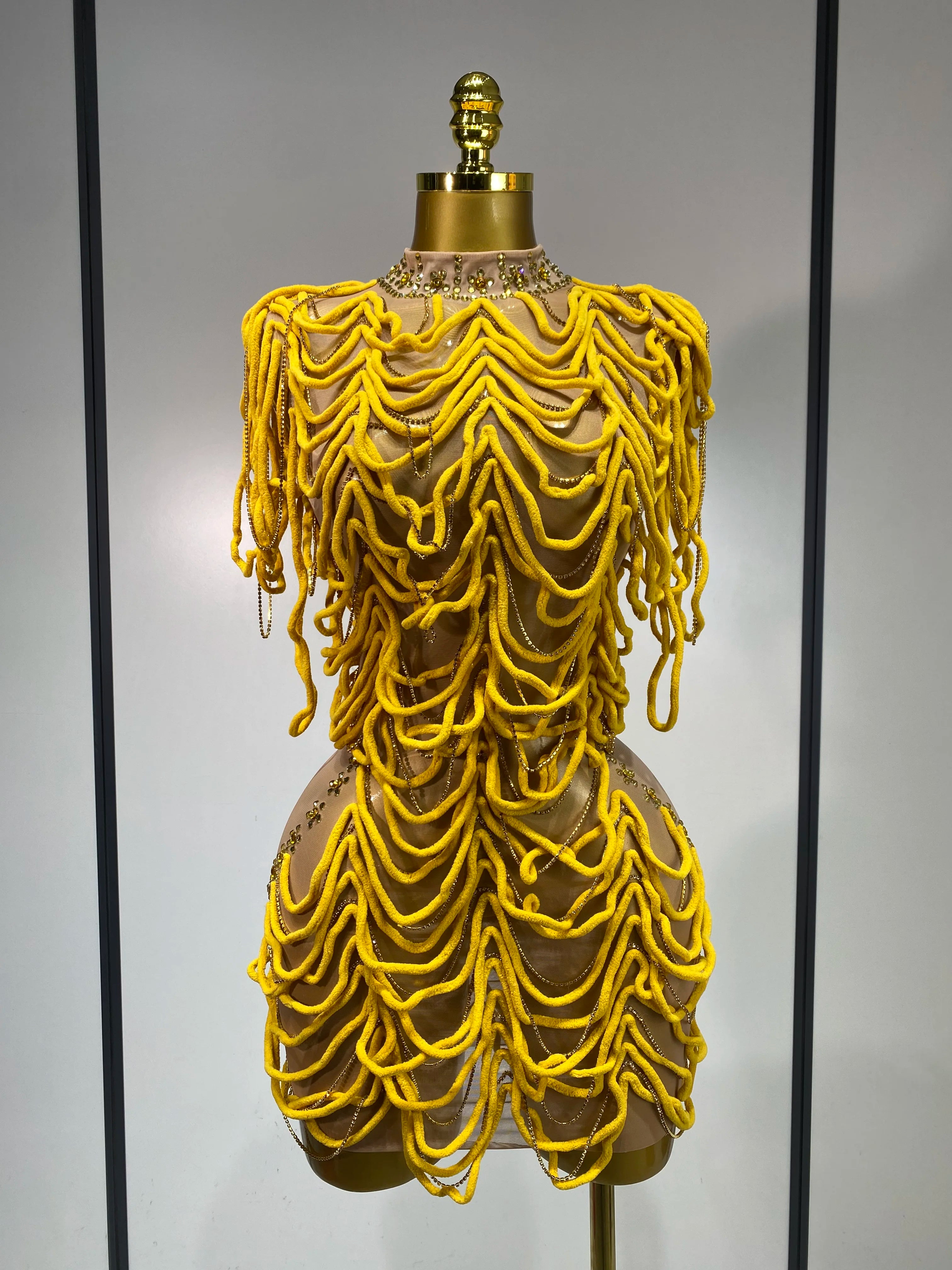 Women Sexy Fashion Short Dress Mesh Designer Rhinestones Chain Stage Costume Nightclub Celebrate Party Performance Outfit