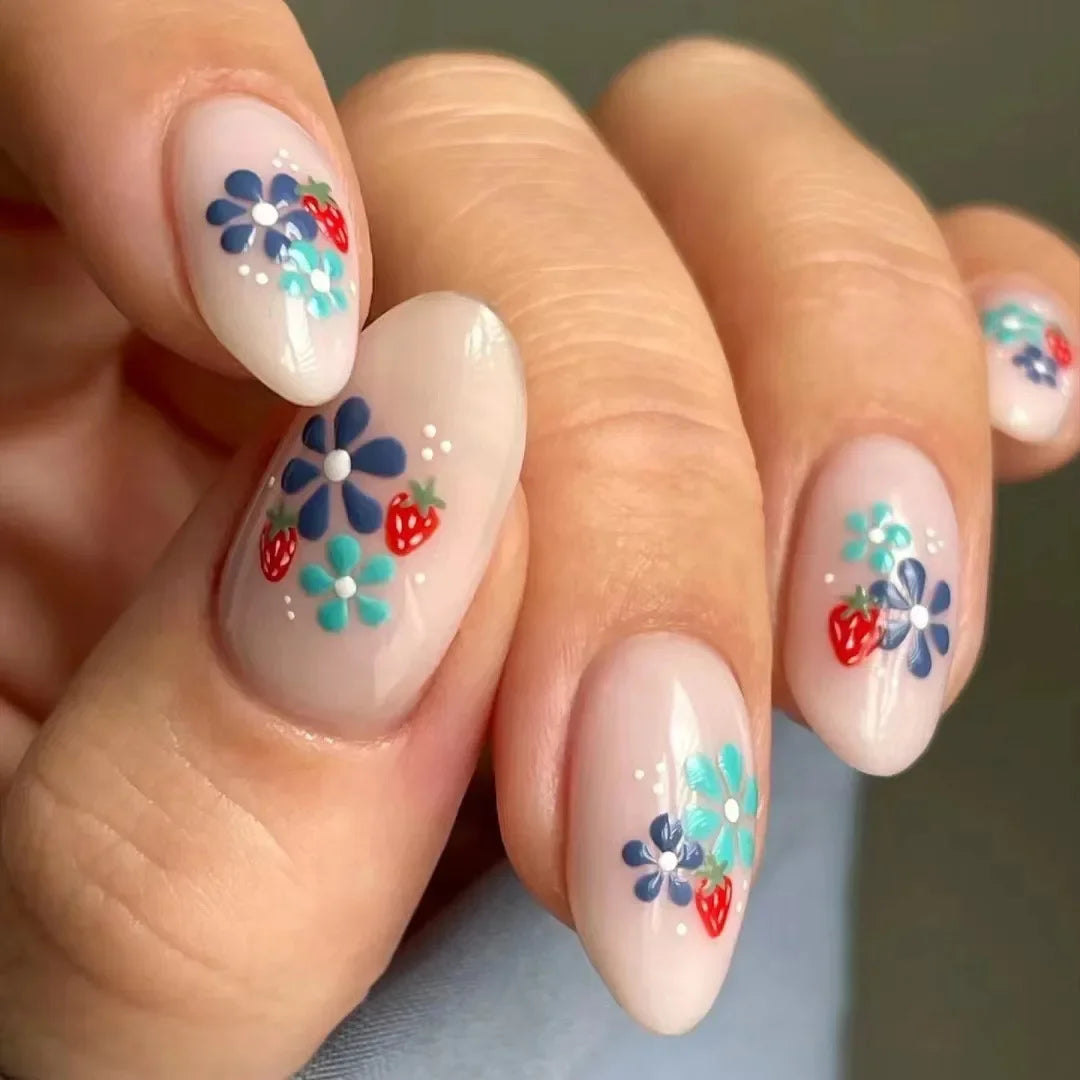 24Pcs Autumn Winter Matte Almond False Nails with Glue Rose Leaf Printing Nail Art Simple Full Cover Press on Acrylic Nails Tips