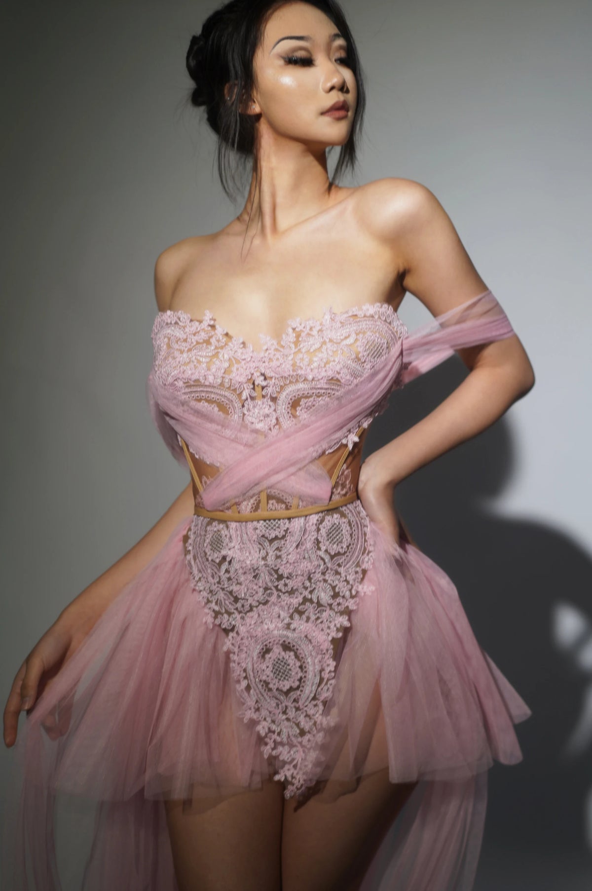 Grey Pink Women Sexy Strapless Mesh Sequins Bodycon 2 Pieces Long Dress Celebrate Birthday Party Photo Shoot Wear