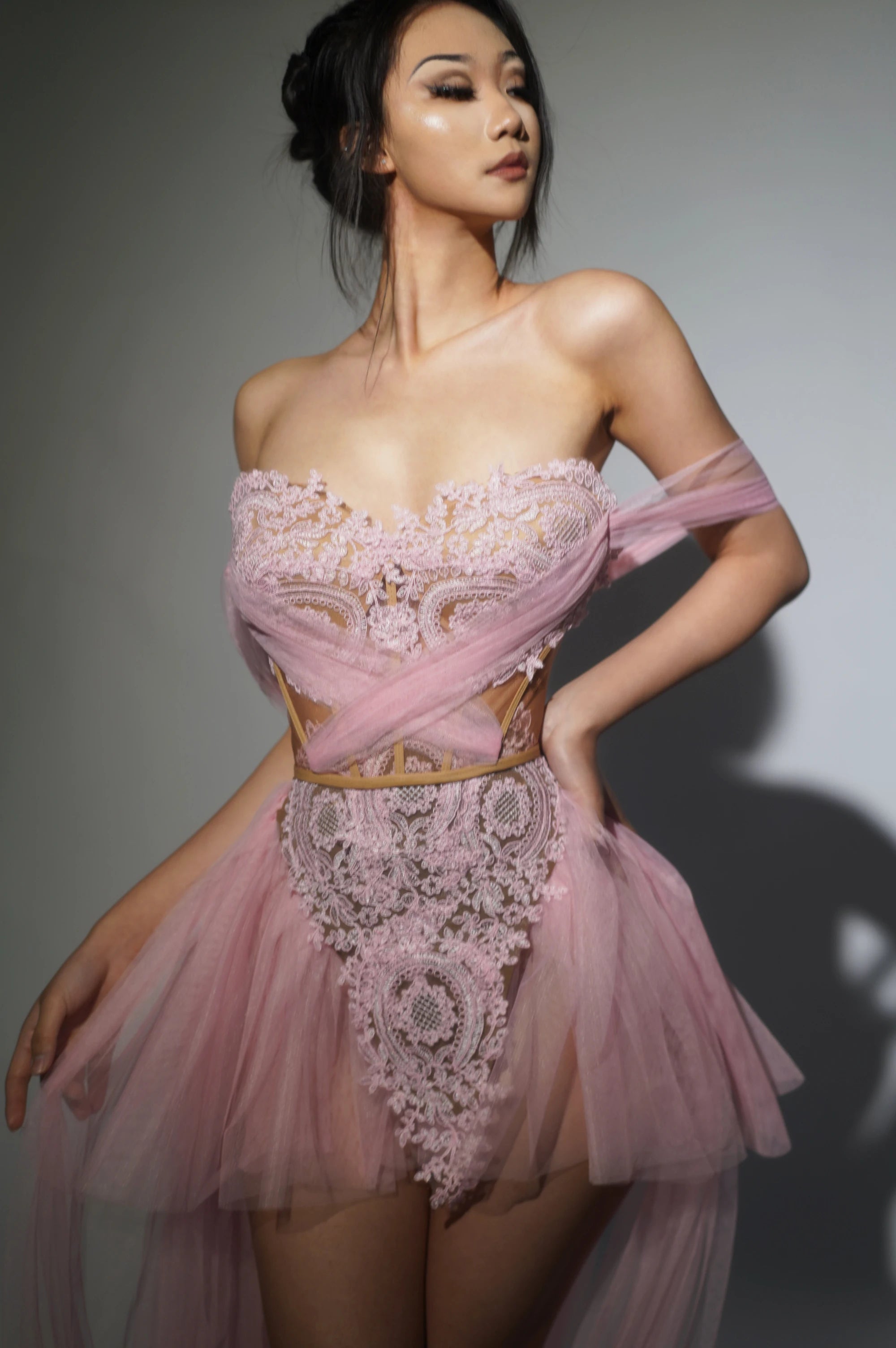 STOCK Women Sexy Strapless Laced-up Mesh 2 Pieces Long Maxi Dress Celebrate Evening Party Birthday Prom Outfit