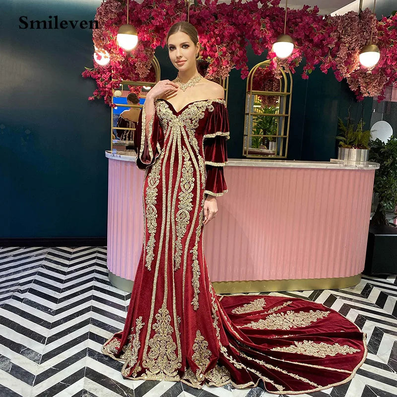Classic Burgundy Mermaid Flare Sleeve Caftan Evening Party Dress Gold Lace Velvet Prom Gowns Traditional Women Dresses