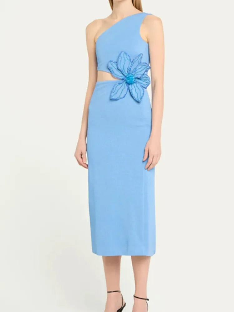 Bandage Dress Women Celebrity Sexy One Shoulder Cut Out Sky Blue Flower Midi Bodycon Elegant Evening Club Party Dress