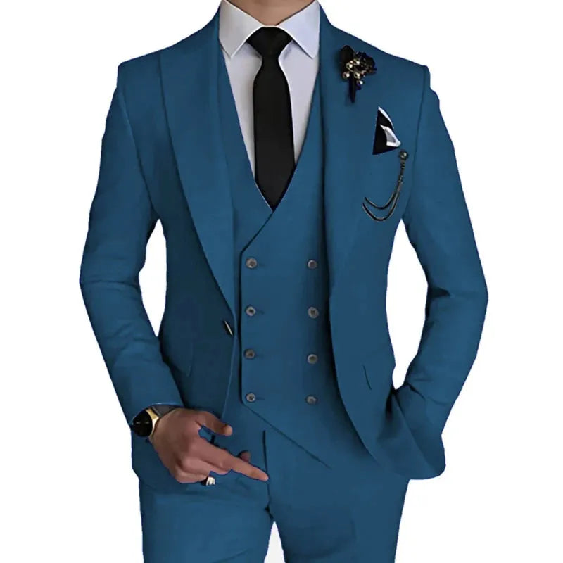 Fashion New Men Leisure Boutique Business Solid Color Wedding Suit Coat Pants Vest 3 Pcs Set Dress Blazers Jacket Trousers Hu Lan