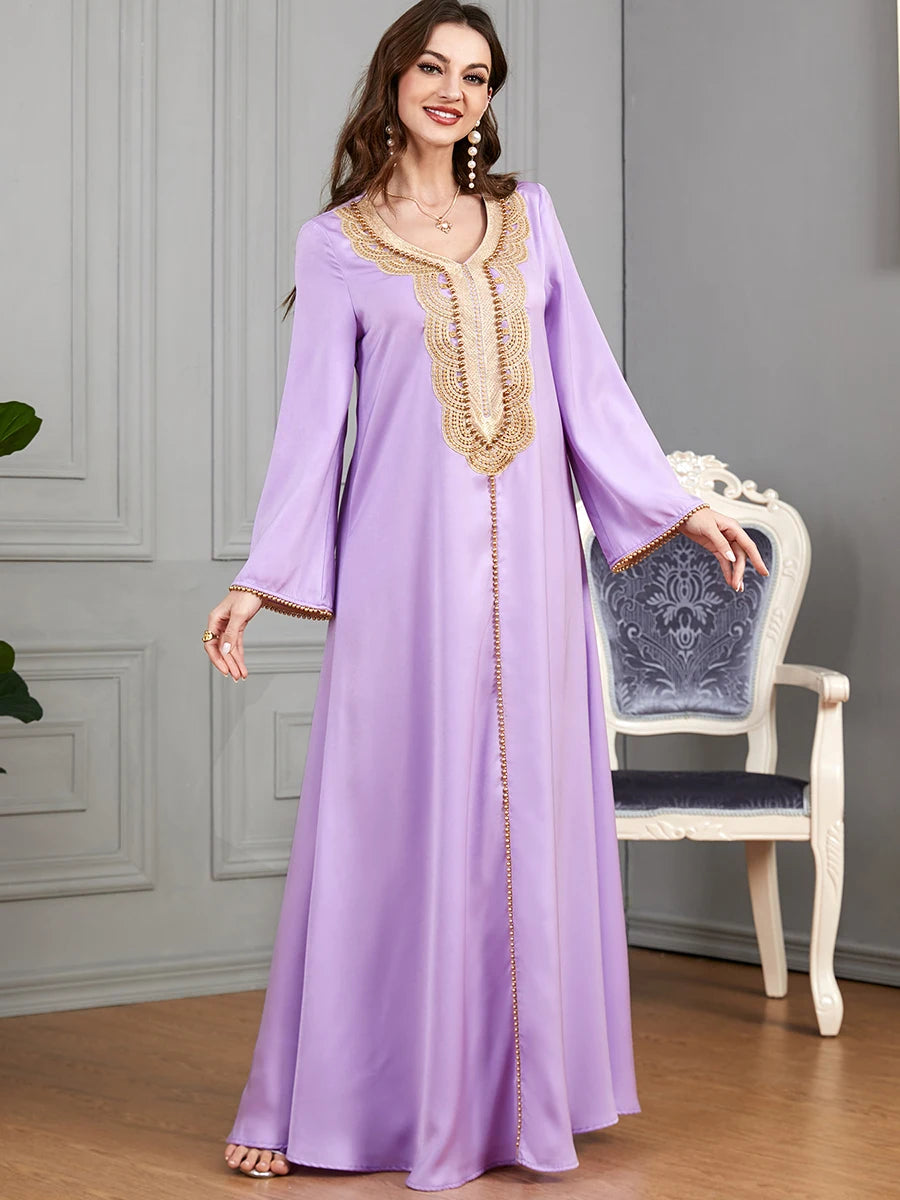 Abayah For Women 2023 Dubai Chic Solid Beading Full Sleeve V-Neck Elegant Moroccan Turkey Long Dress Female Purple Dress