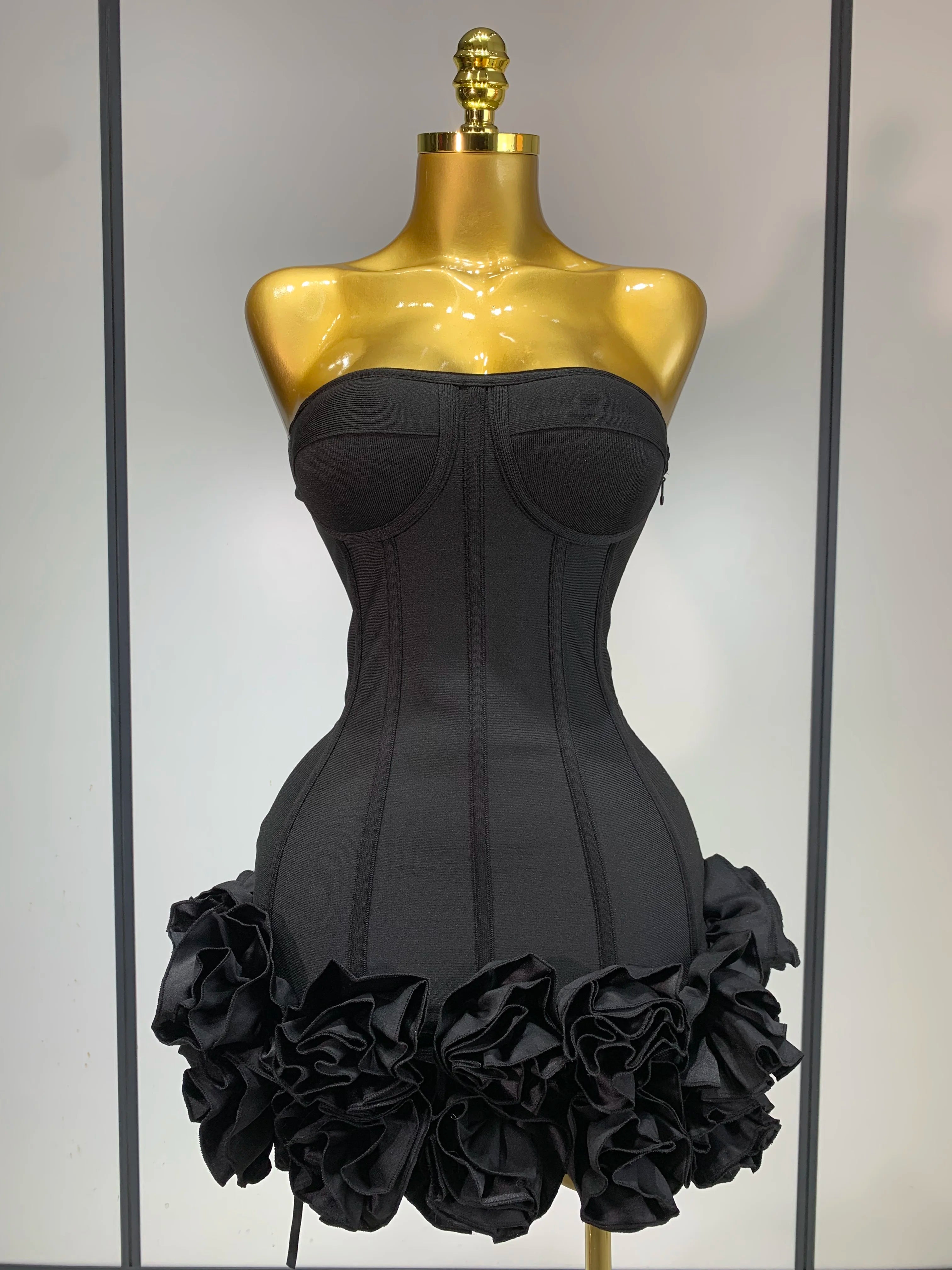 Women Sexy Strapless Backless Flower Embellished Mini Bandage Dress Bodycon Celebrity Party Cocktail Evening Party Club Dresses