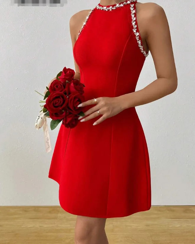 Black Red Color Women Sleeveless Sexy Off the Shoulder A-Line Mini Bandage Dress Diamond Fashion Birthday Party Outfit