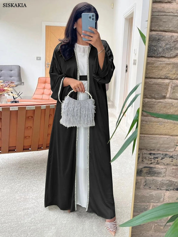 Open Kimono Dubai Abaya Chic Diamonds Solid Full Sleeve Cardigan Belted Clothing Elegant Casual Moroccan Women Caftan