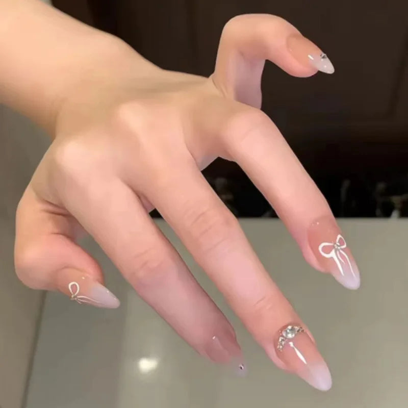 Almond Fake Nails Nude Color Press on Nails Bowknot Designed Simple Wearable False Nails Tips for Women DIY Manicure 24Pcs