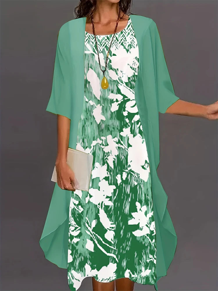 Plus Size 2024 Autumn New Women's Floral Printed Long Dress Printed Pattern Two-piece Dress Round Neck Temperament Elegant Dress