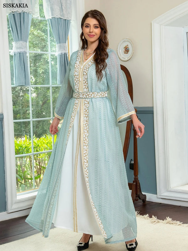 Fashion Muslim Sets Sleeveless Under Dress And Bleted Sequins Long Dresses Galabia Ramadan Jellabiya Saudi Arab Kaftan