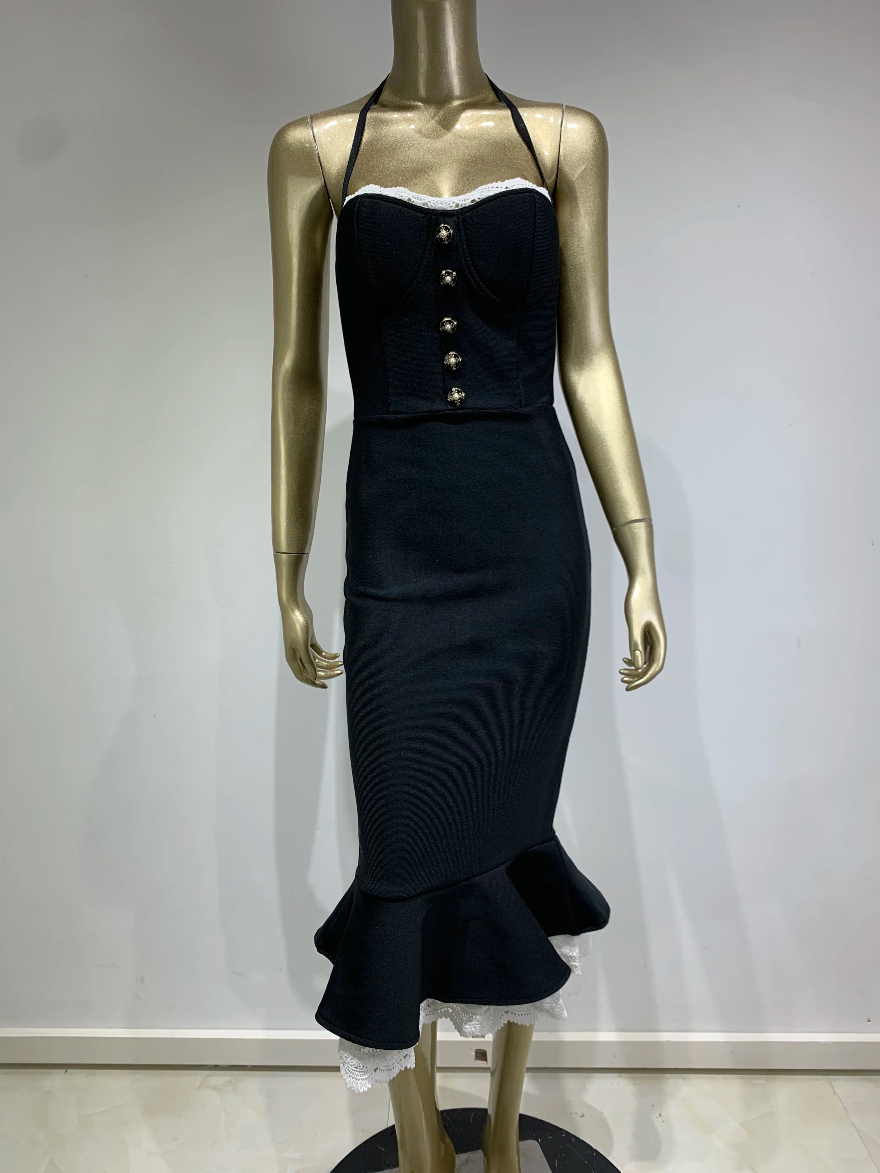 Women Celebrity Sexy Backless Halter Black Mermaid Midi Bodycon Bandage Dress Elegant Evening Club Party Dress