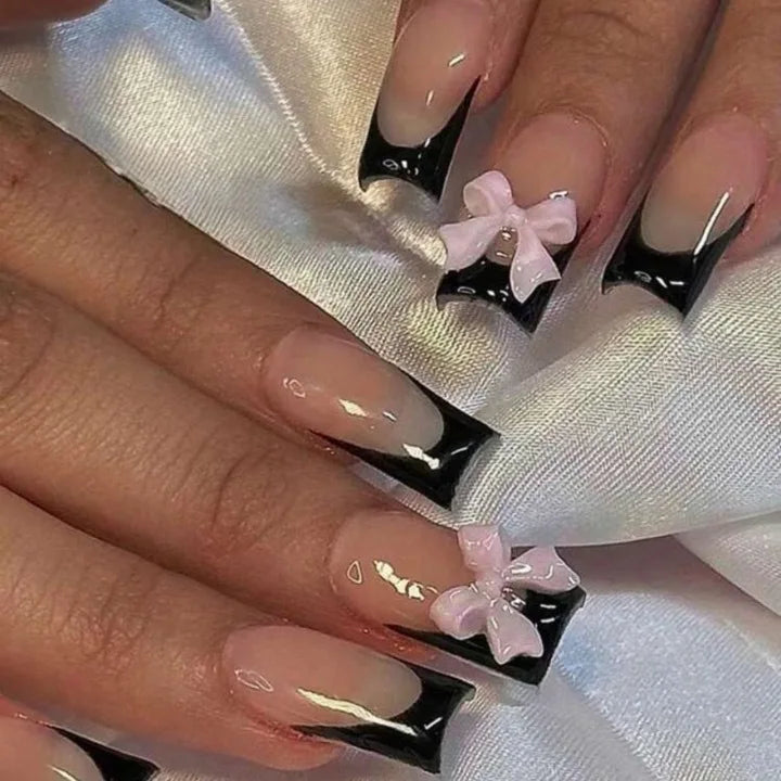 Black French Tips Press on Nails 3D White Bowknot Alloy Stars Designs Fake Nails Ballet Charms False Nails Korean Manicure 24Pcs