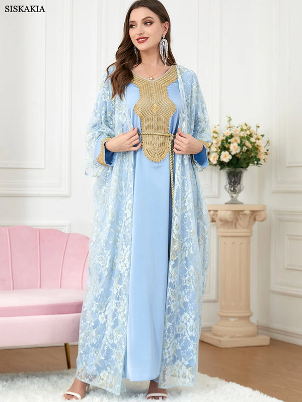 Muslim Sets Lace Abaya And Satin Dress Jalabiyat Turkish Moroccan Caftan For Women Solid Long Sleeve Belted Clothing