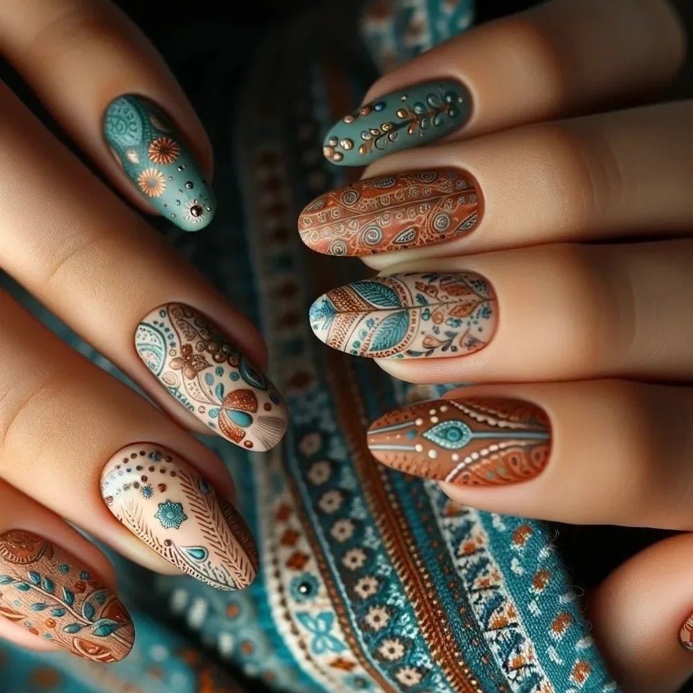24Pcs Autumn Winter Matte Almond False Nails with Glue Rose Leaf Printing Nail Art Simple Full Cover Press on Acrylic Nails Tips