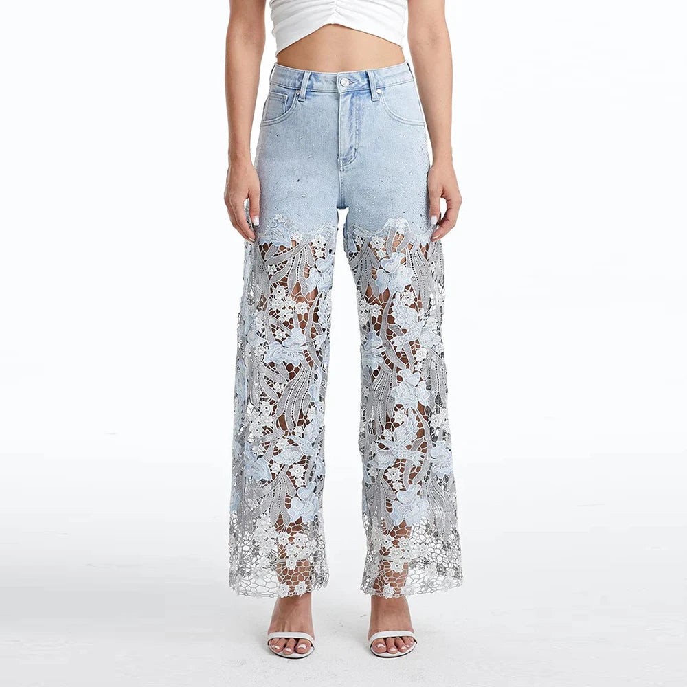 TWOTWINSTYLE Solid Loose Spliced Hollow Out Fashion Jeans for Women High Waist Patchwork Applique Wide Leg Pants Female Clothing