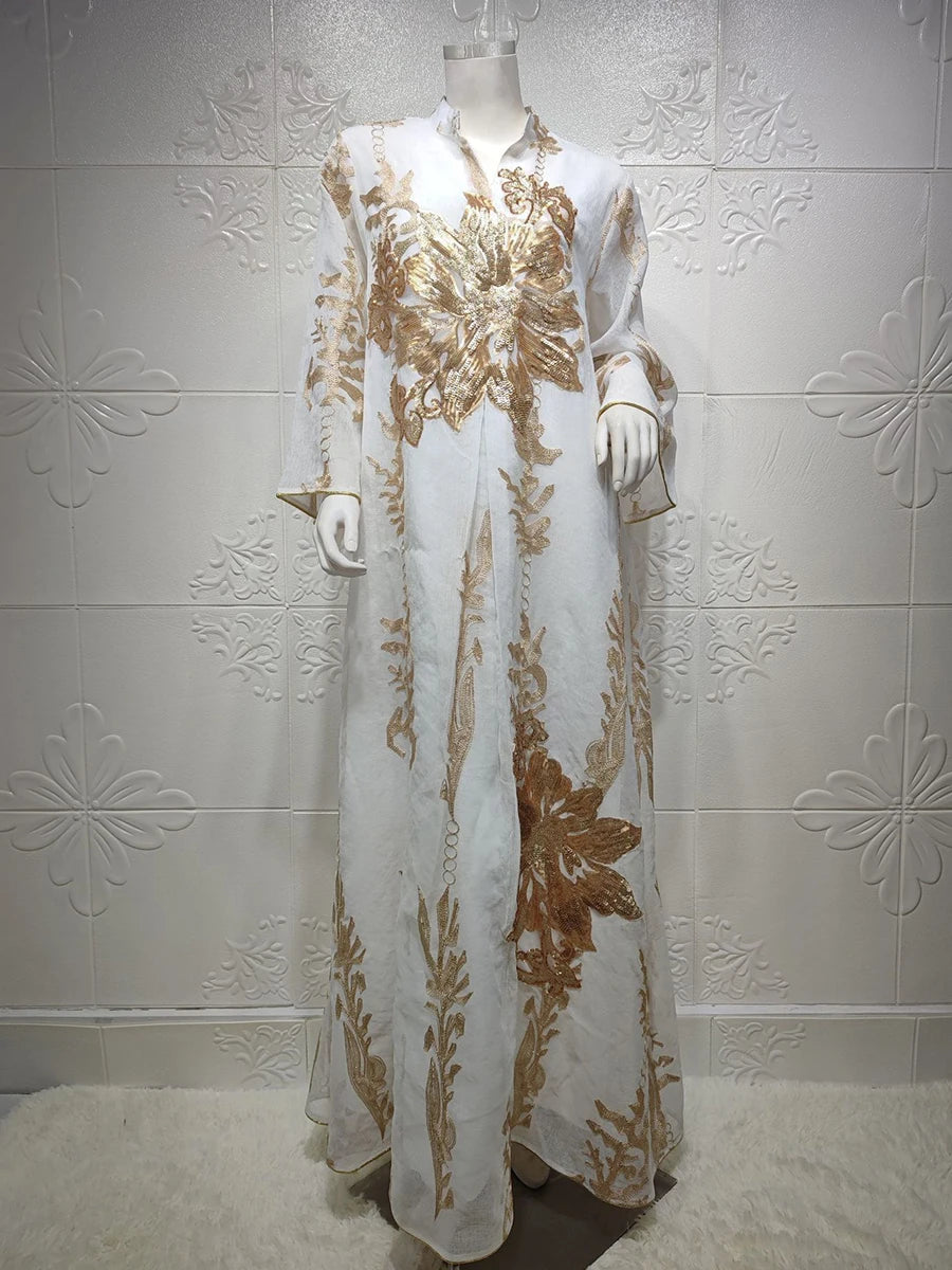 Vestido Abaya bordado con lentejuelas para mujer, caftán marroquí, turco, árabe, Jalabiya, bata étnica islámica blanca, Eid 2023