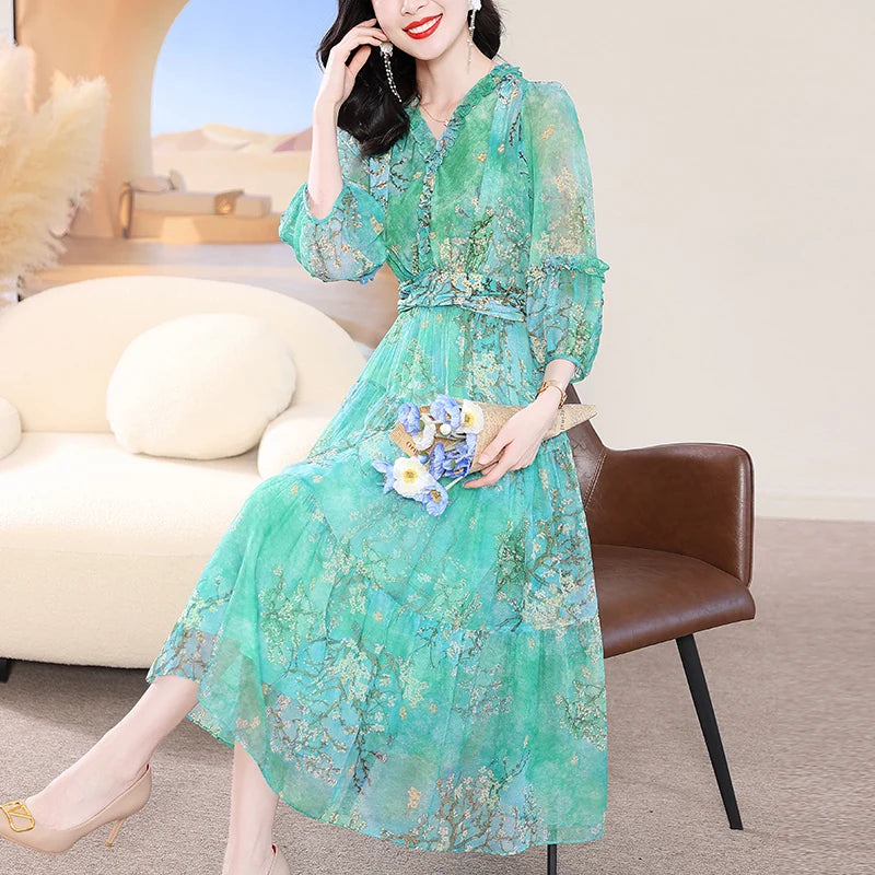EVNISI Summer Women Boho Chiffon Dress V-Neck Red Elegant Office Floral Printing A-line Dresses Chic For Women Party Vestido