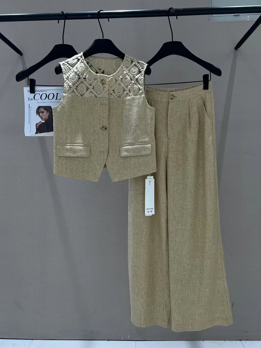 TWOTWINSTYLE Solid Loose Two Piece Sets for Women Round Neck Sleeveless Spliced Single Breasted Top High Waist Pant Set Femlae