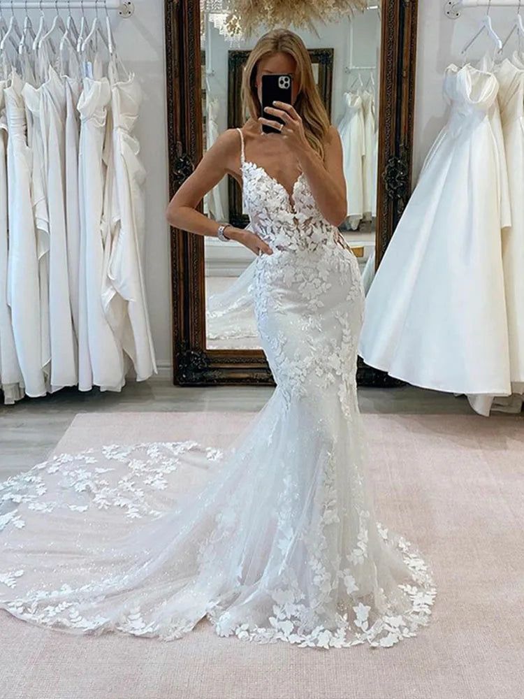 LORIE Elegant Mermaid Wedding Dress Spaghetti Strap Lace Appliques Bride Dresses Puff Tulle Wedding Bridal Gowns Ivory