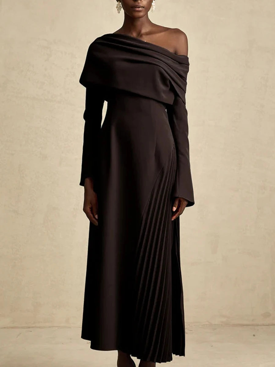 TWOTWINSTYLE Solid Slimming Temperament Midi Dresses for Women Diagonal Neck Long Sleeves Minimalism Dress Female Clothing New