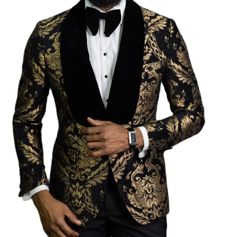 Black Floral Jacquard Men Suits for Prom 2 Piece Slim Fit with Velvet Shawl Lapel Wedding Groom Tuxedo Male Fashion Clothes 2023