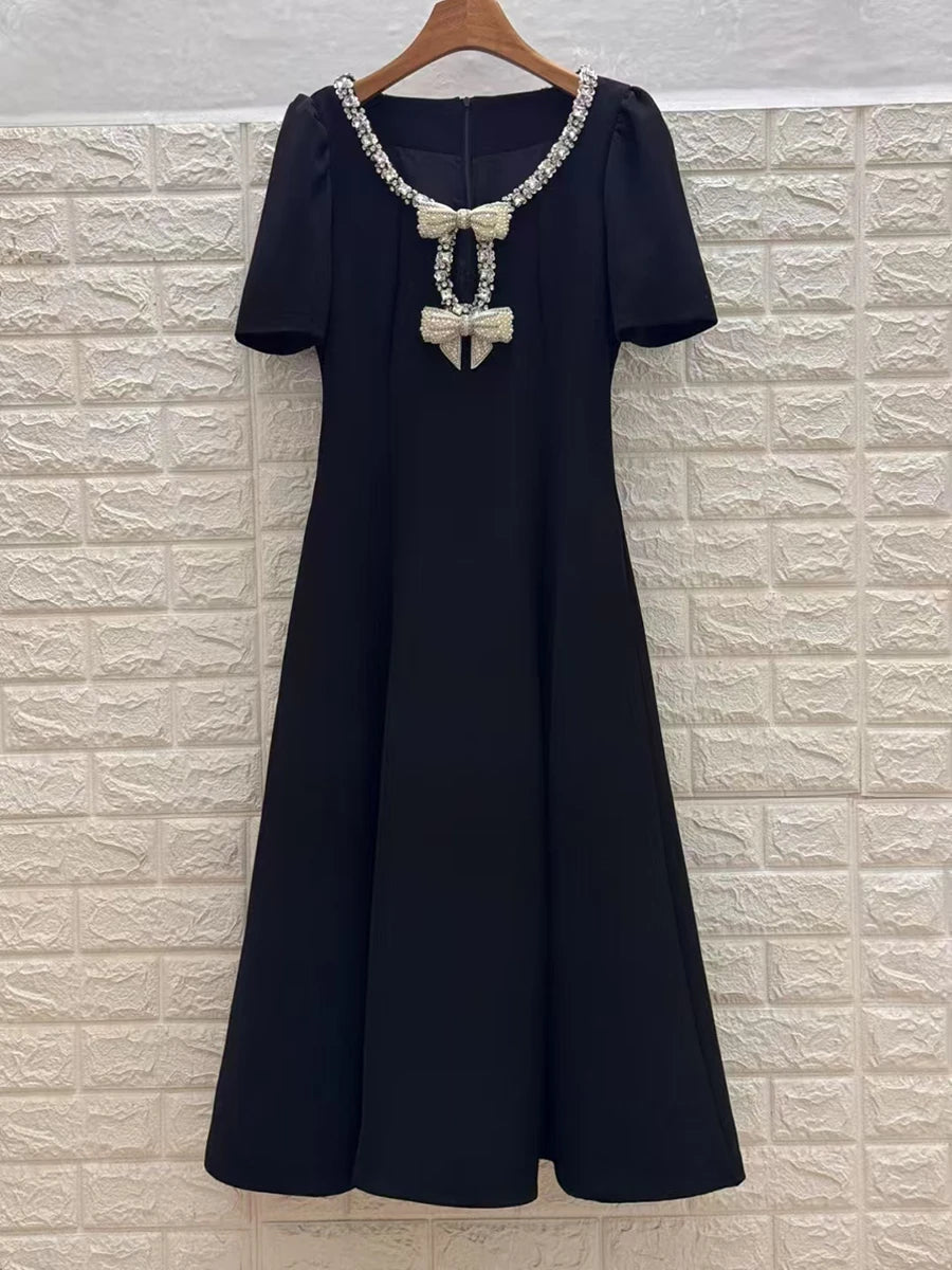 TWOTWINSTYLE Solid Slimming Spliced Bowknot Elegant Dresses for Women Round Neck Short Sleeves Patchwork Bead Dress Female New