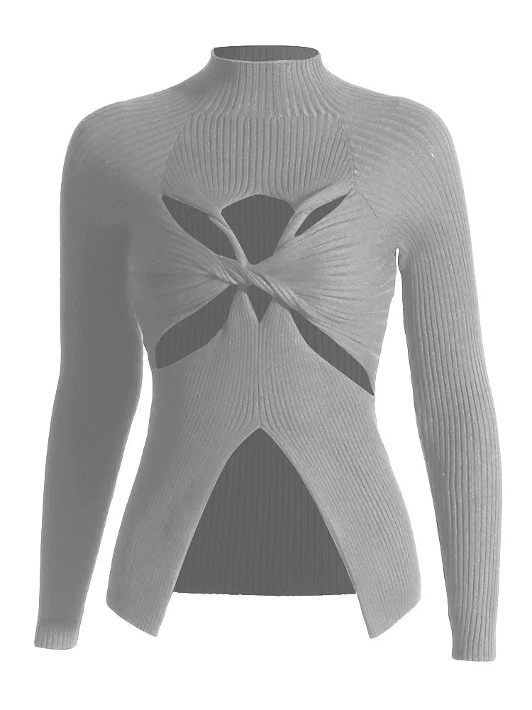 TWOTWINSTYLE Slimming Crisscross Hollow Out Knitting Sweaters For Women Round Neck Long Sleeve Solid Casual Chic Sweater Female