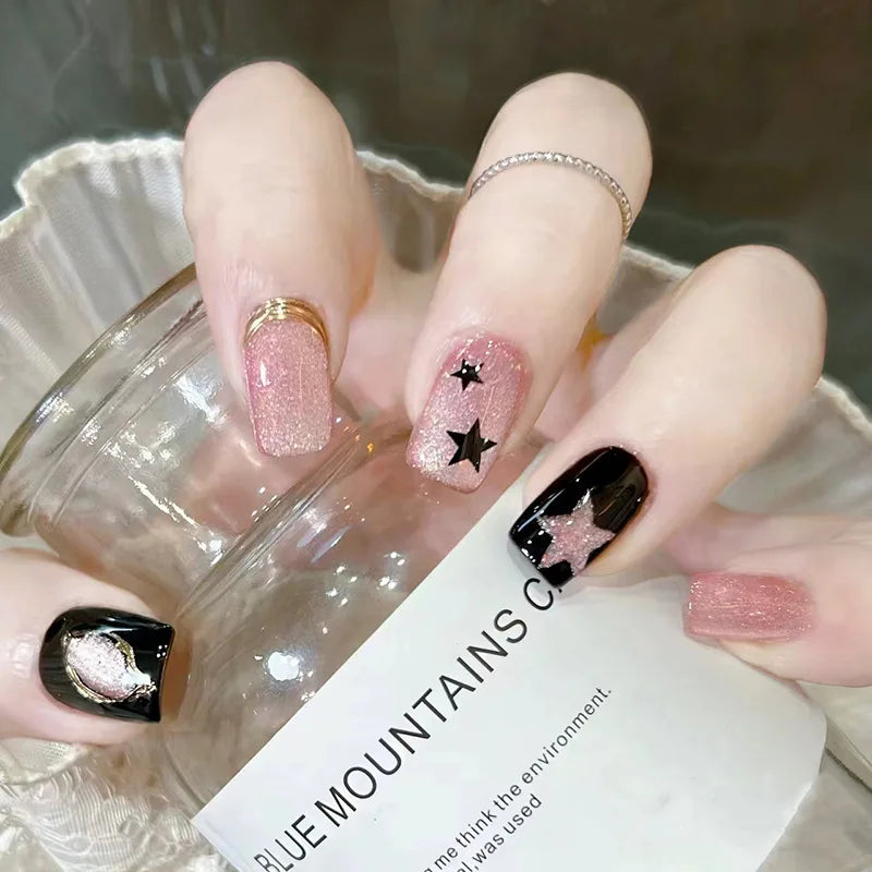 24Pcs Almond Press on Nails Y2K Star Diamond Designs for Cool Girls Nude Color Fake Nails for Women Full Cover False Nail Tips