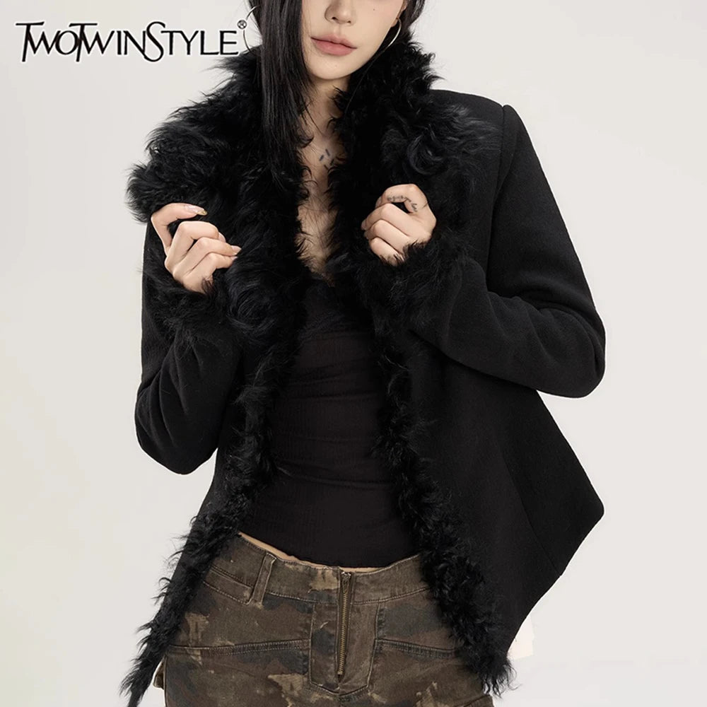 TWOTWINSTYLE Solid Spliced PU Leather Coats For Women Lapel Long Sleeve Patchwork Fur Vintage Thick Coat Female Fashion Clothing