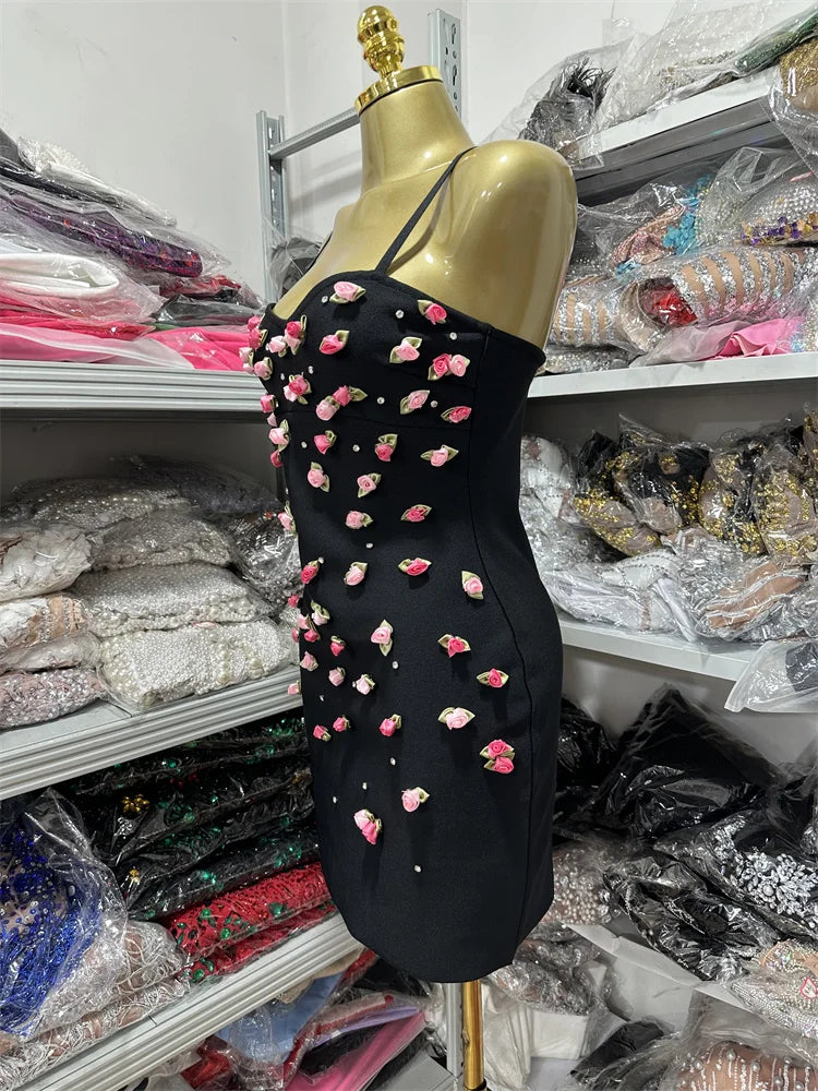 High Quality Women Sleeveless Sexy Strap Square Collar Florals Bodycon Mini Bandage Dress Celebrate Nightclub Party Outfit