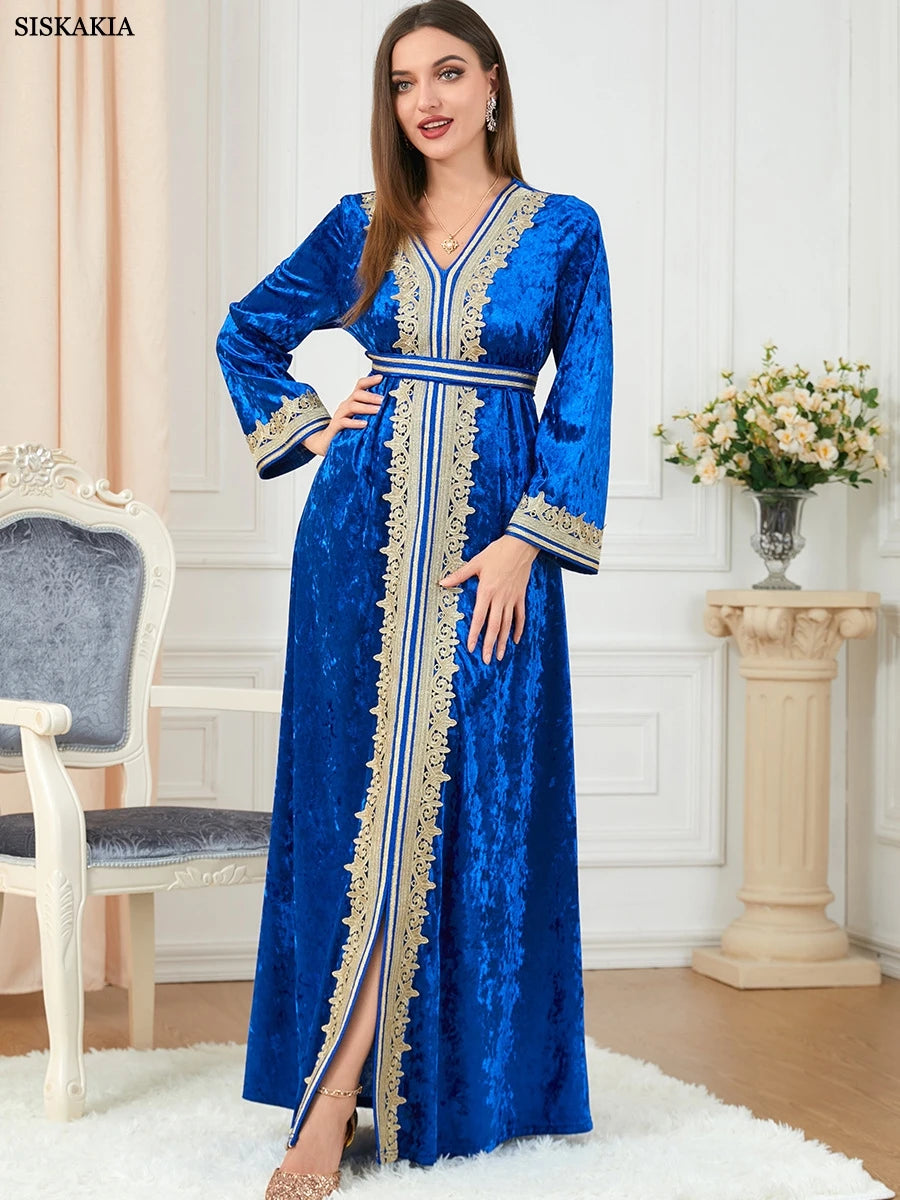 Dubai Luxury Velvet Autumn Winter Dresses Saudi Women Abaya Solid Long Sleeve Belted Muslim Ramadan Moroccan Kaftan