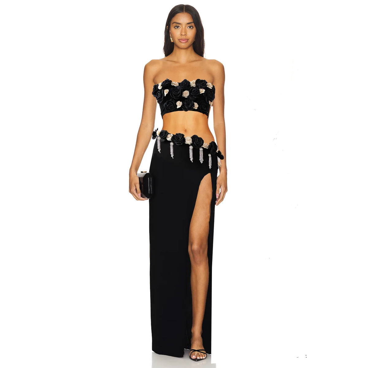 Black Color Women Sexy Strapless Florals 2 Pieces Bodycon Long Dress Girls' Vacation Birthday Party Nightclub Outfit