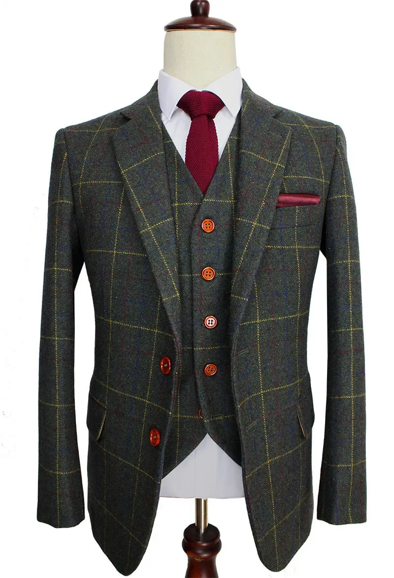 Wool Green Tweed Men Suits for Wedding Custom Made Slim Fit Blazer Groom Tuxedo Male Fashion Costume 3 Pcs Jacket Pants Vest