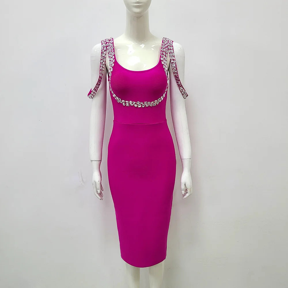 2023 New Summer Women's High Quality Sexy Sleeveless Diamond Tight Midi Bandage Dress Elegant Celebrity Party Dress