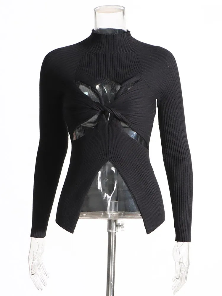 TWOTWINSTYLE Slimming Crisscross Hollow Out Knitting Sweaters For Women Round Neck Long Sleeve Solid Casual Chic Sweater Female