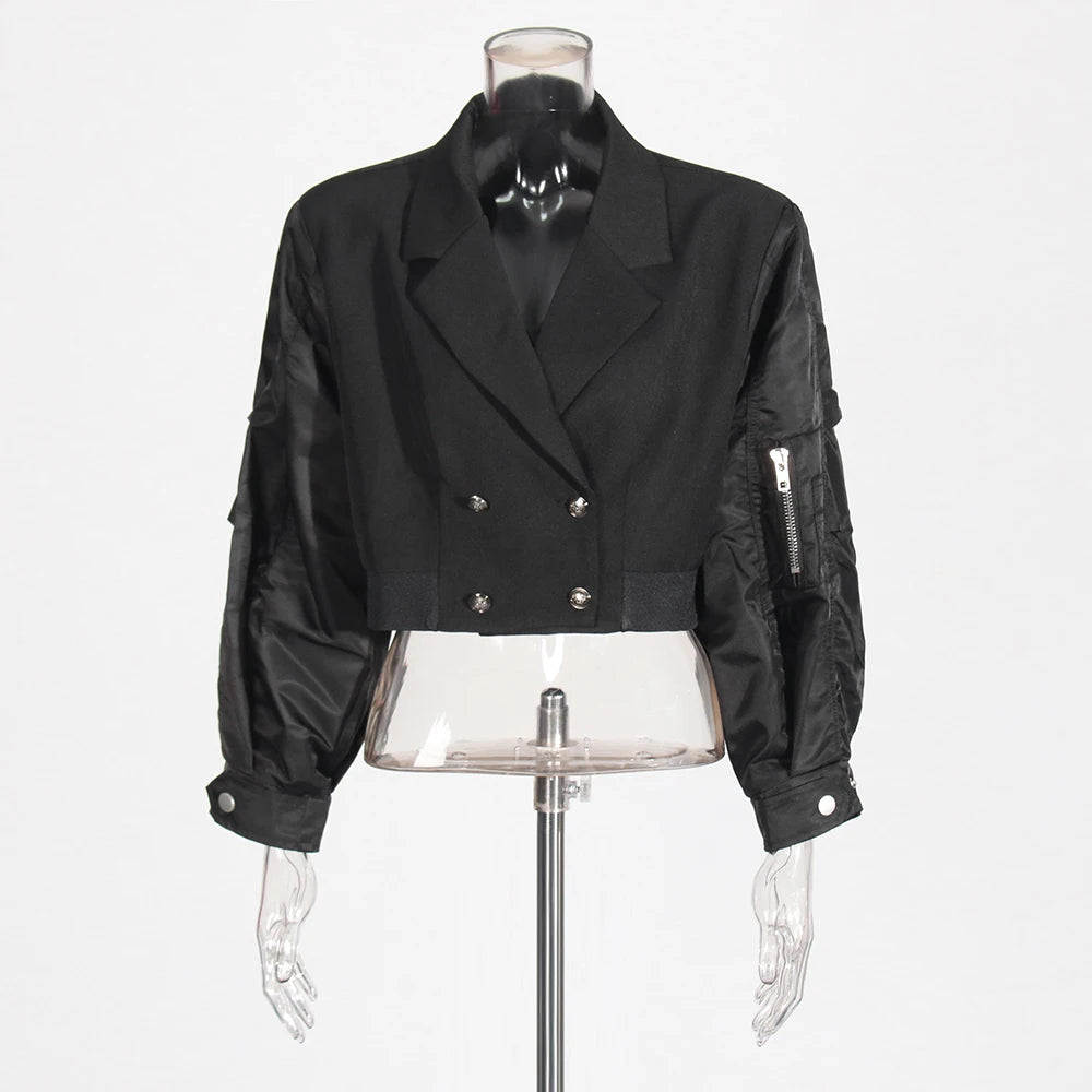 TWOTWINSTYLE Colorblock Casual Jacket For Women Notched Collar Long Sleeve Patchwork Button Chic Loose Coat Female Fashion Style