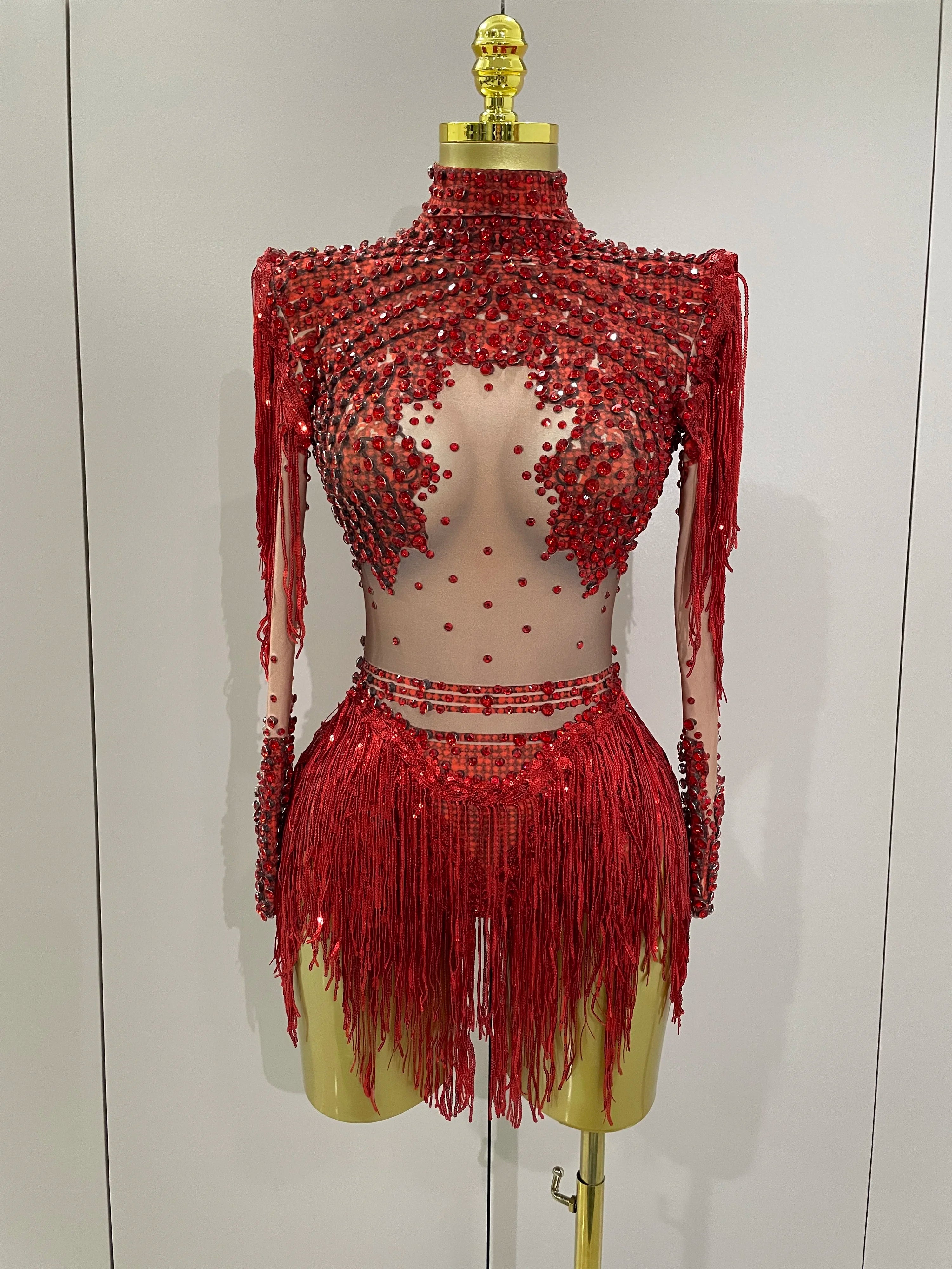 Women Sparkly Rhinestone Sequin Tassel Stretch Bodysuits 2025 New Arrival Birthday Party Nightclub Dj Stage Performance Costume